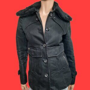 Y2K Parasuco Black Cotton Jacket Rabbit Fur Collar Short Fitted Utility Size XS